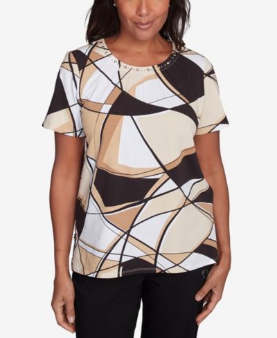 Alfred Dunner Petite  Geometric Top with Detailed Neckline