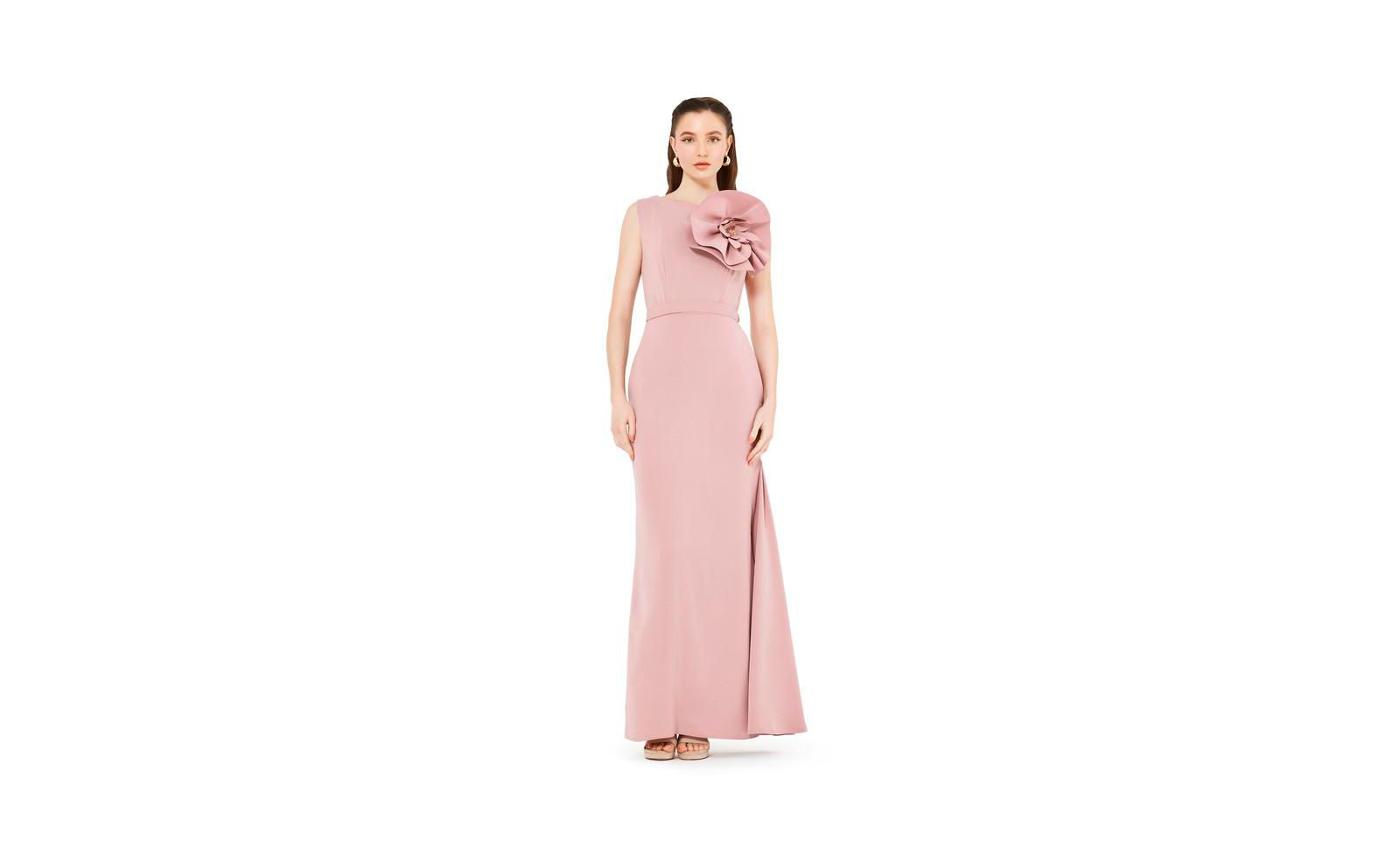 AMRI Floral Applique Crepe Column Gown