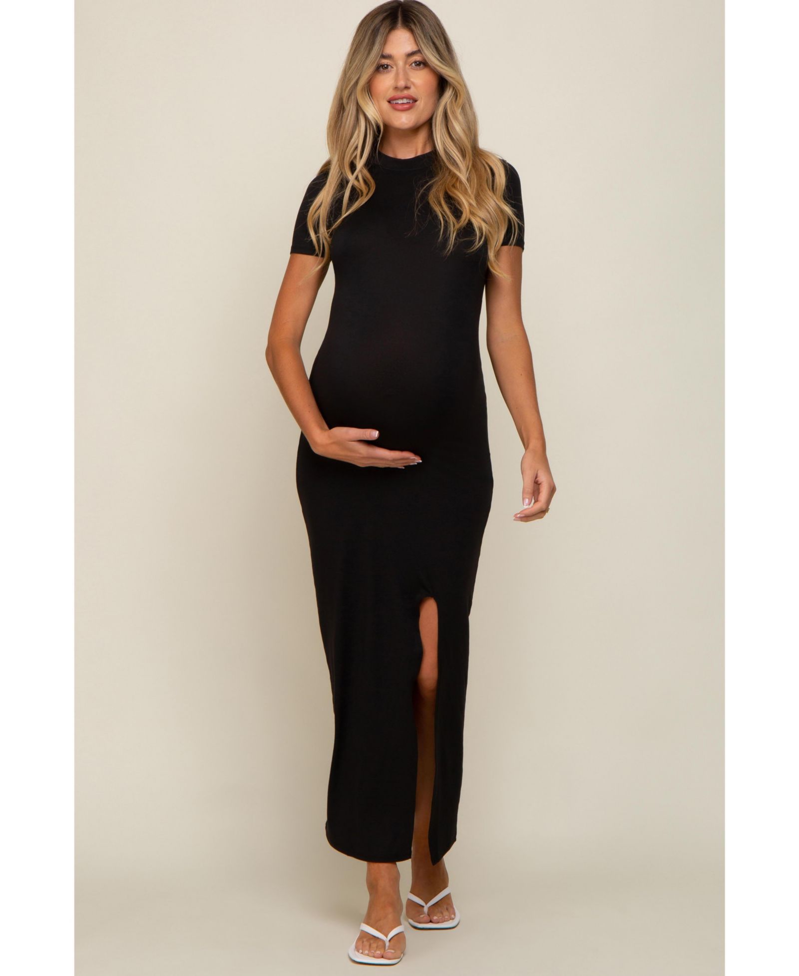 Pinkblush Women's Black Mock Neck Front Slit Short Sleeve Maxi Dress