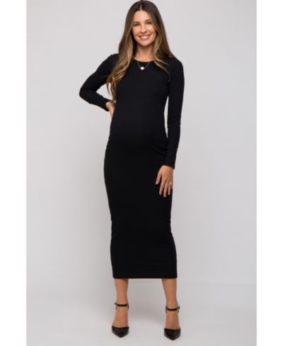 Pinkblush Women's Charcoal Ribbed Fitted Long Sleeve Midi Dress