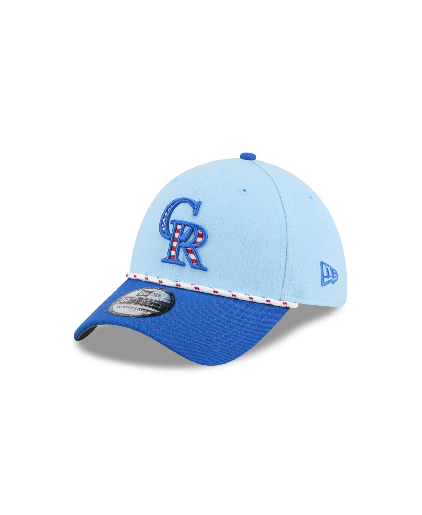 Мужская кепка New Era Colorado Rockies 2025 Fourth of July 39THIRTY Flex, светло-голубая/синяя