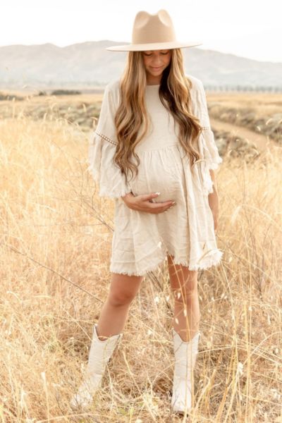 Pinkblush Women's Beige Raw Edge Bell Sleeve Babydoll Dress
