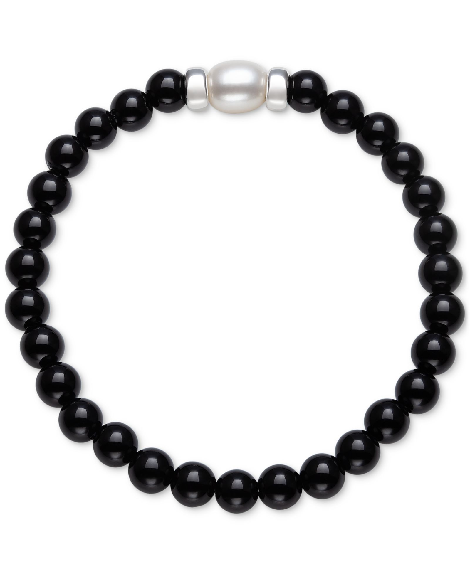 Onyx & Cultured Freshwater Pearl (7-8mm) Stretch Bracelet in Sterling Silver (Also in Rose Quartz)
