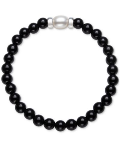 Onyx & Cultured Freshwater Pearl (7-8mm) Stretch Bracelet in Sterling Silver (Also in Rose Quartz)