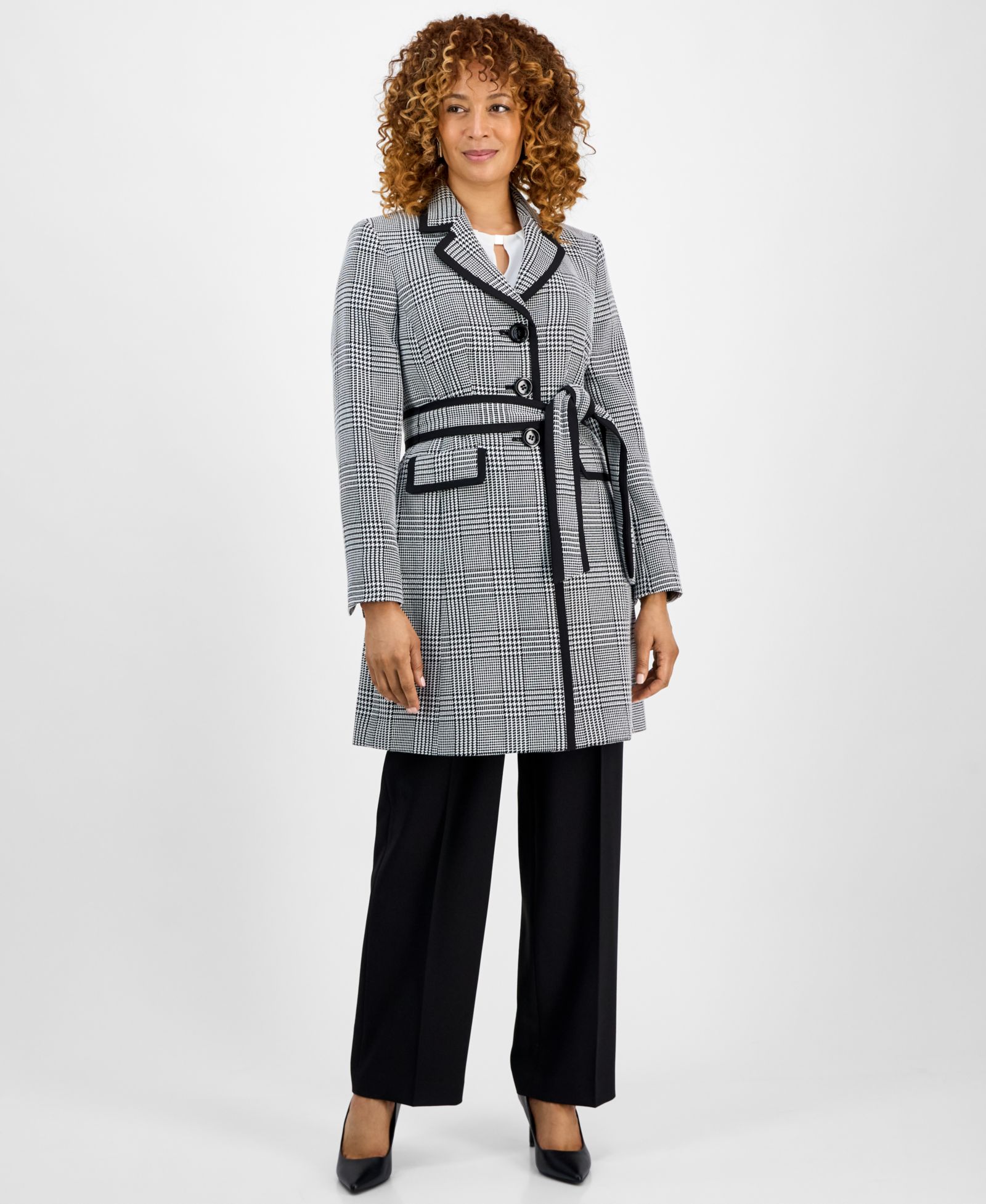 Le Suit Women's Framed Plaid Belted Wide-Leg 2 Piece Pantsuit, Regular & Petite