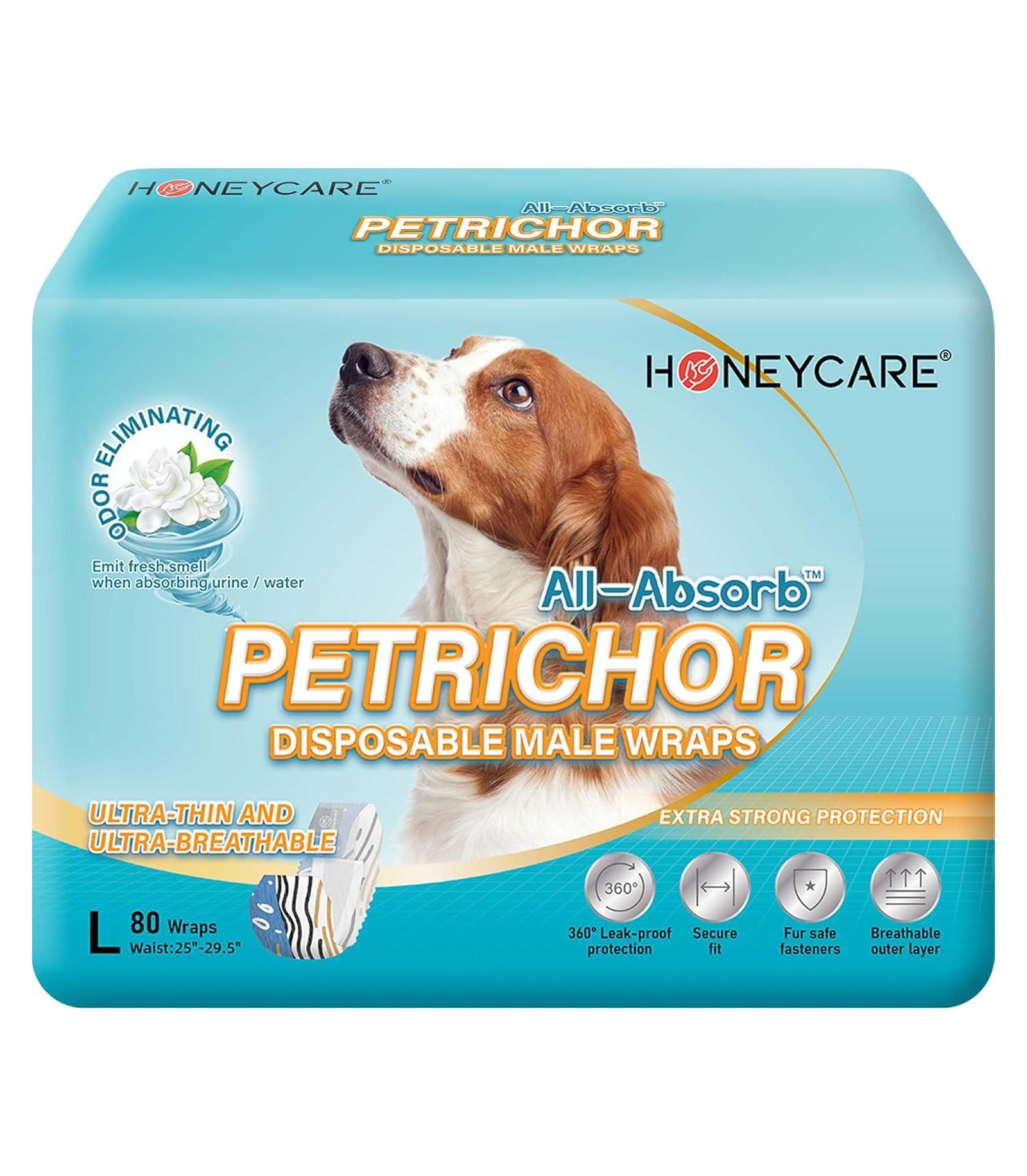 HoneyCare PrintedAll Absorb Petrichor Male Dog Wraps, Fresh Scent Dog Diaper, Disposable, Large, 80Ct