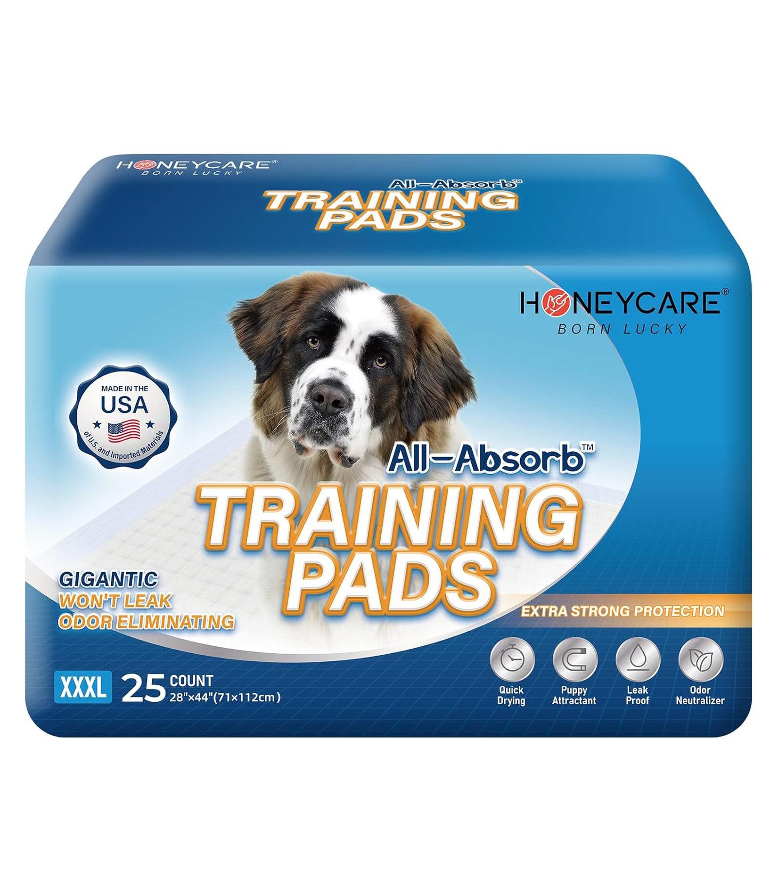 HoneyCare Gigantic All-Absorb  Dog and Puppy Training Pads, XXXL Dog Incontinence Training Pads, Made in The USA Dog Pads, XXXL, 28x44 inch, 50ct