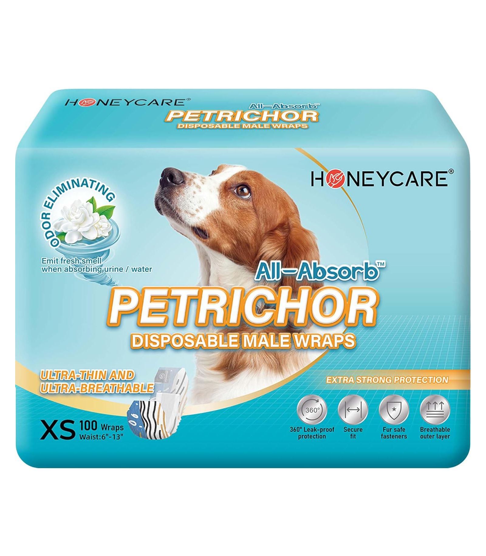 HoneyCare Printed All Absorb Petrichor Male Dog Wrap, Fresh Scent Disposable Diapers, Extra Small, 100ct