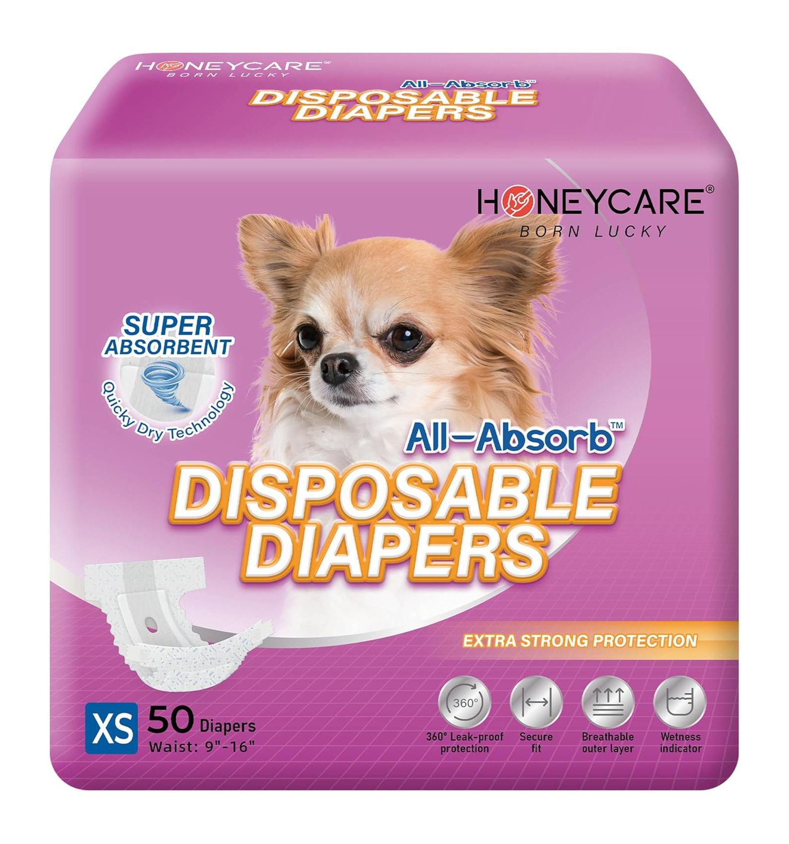 Одноразовые подгузники для собак HoneyCare All-Absorb, Super Absorbent, Breathable, Wetness Indicator Extra Small, 9x16 inches, 100ct