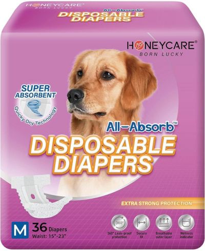 HoneyCare All-Absorb Disposable Female Dog Diapers, Super Absorbent, Breathable, Wetness Indicator, Large, 18-27 inches, 72ct