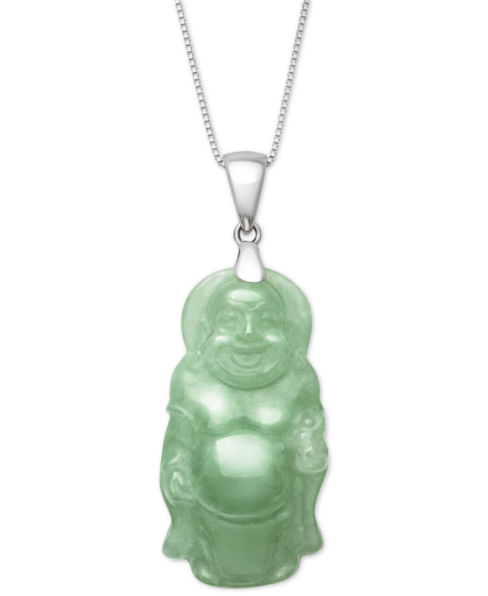 Dyed Green Jade Carved Buddha 18" Pendant Necklace в Sterling Silver