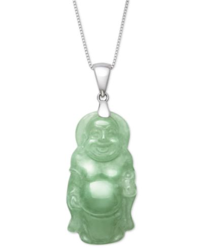Dyed Green Jade Carved Buddha 18" Pendant Necklace в Sterling Silver