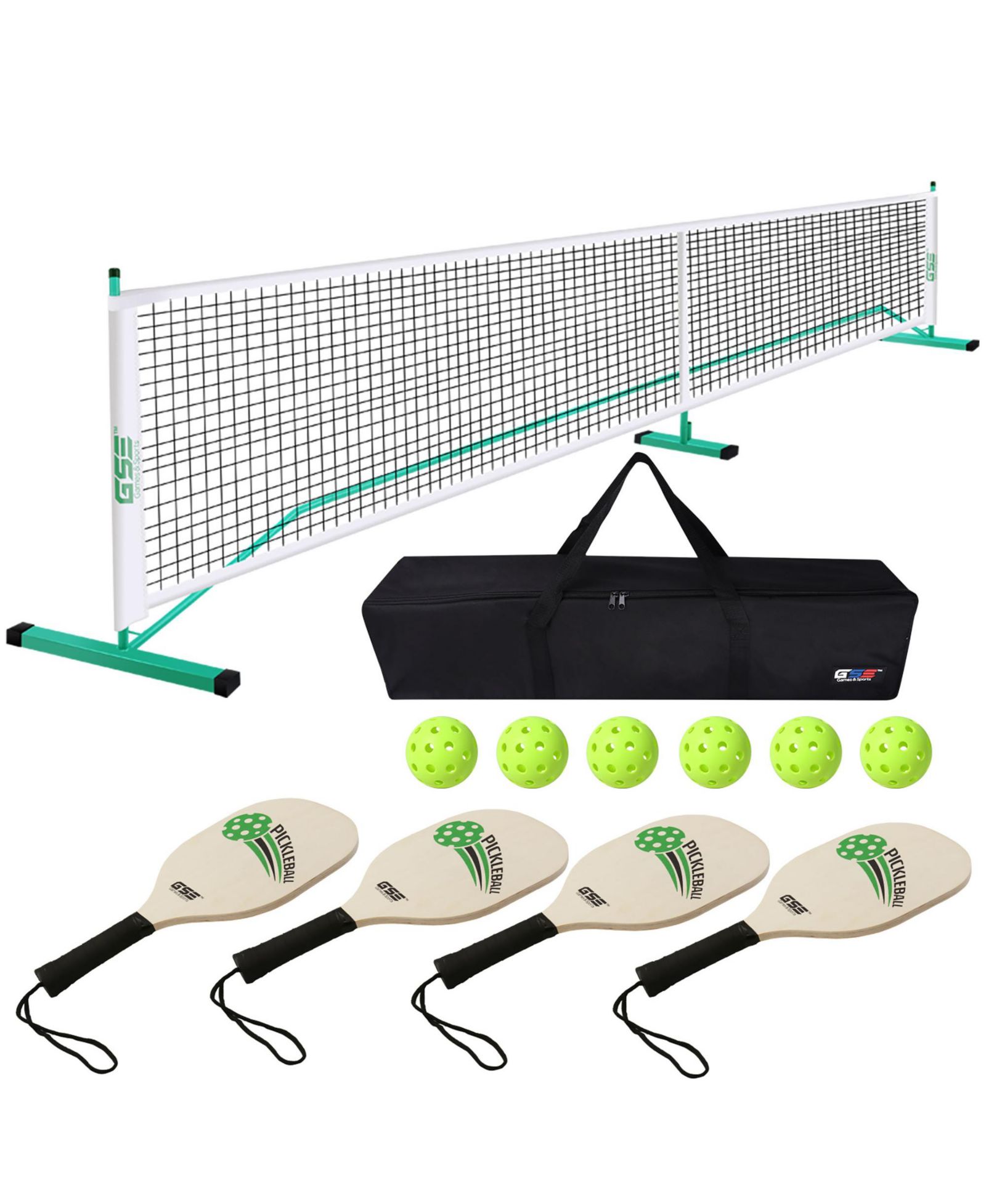 GSE Games & Sports Expert Pickleball Complete Net Set with Pickleball Net, 4 Pickleball Paddles, 6 Pickleballs, Carrying Bag (Orange/Green)