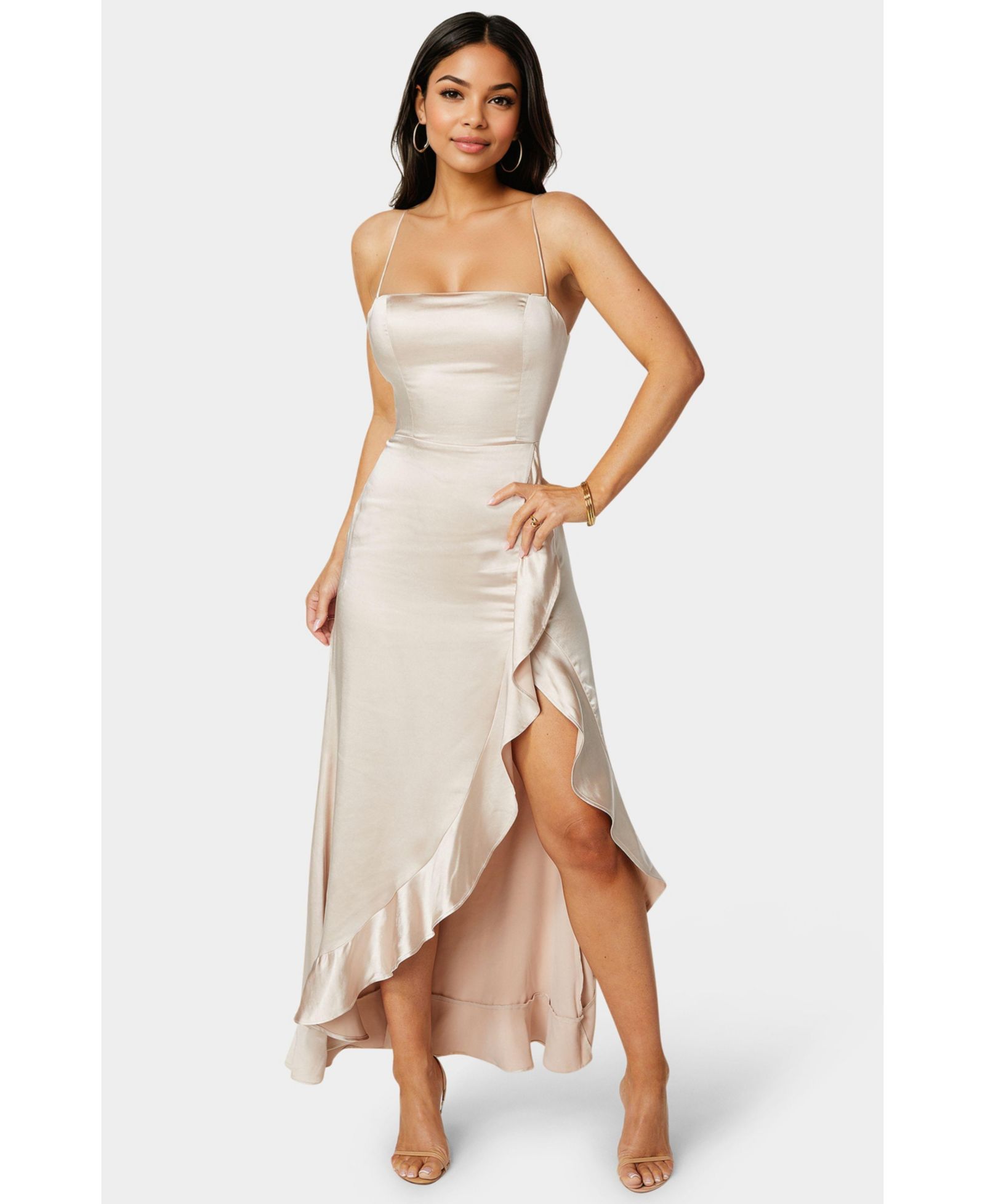 Bebe Women's Satin Ruffle Maxi Lace Up Back