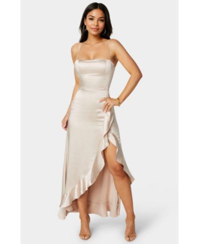 Bebe Women's Satin Ruffle Maxi Lace Up Back