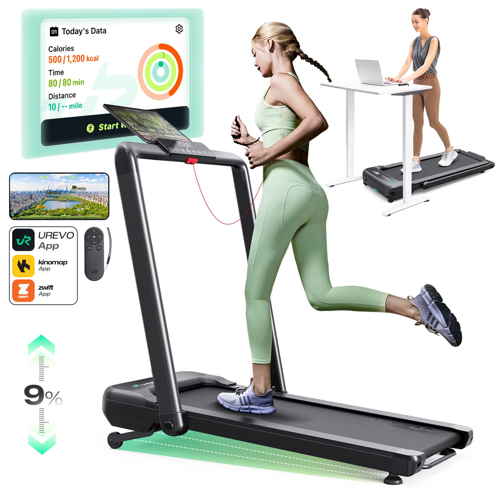 UREVO Strol 2S Pro 2-in-1 Smart Treadmill with 9% Auto Incline - AI-Powered Immersive Running & Hiking Experience, App-Controlled