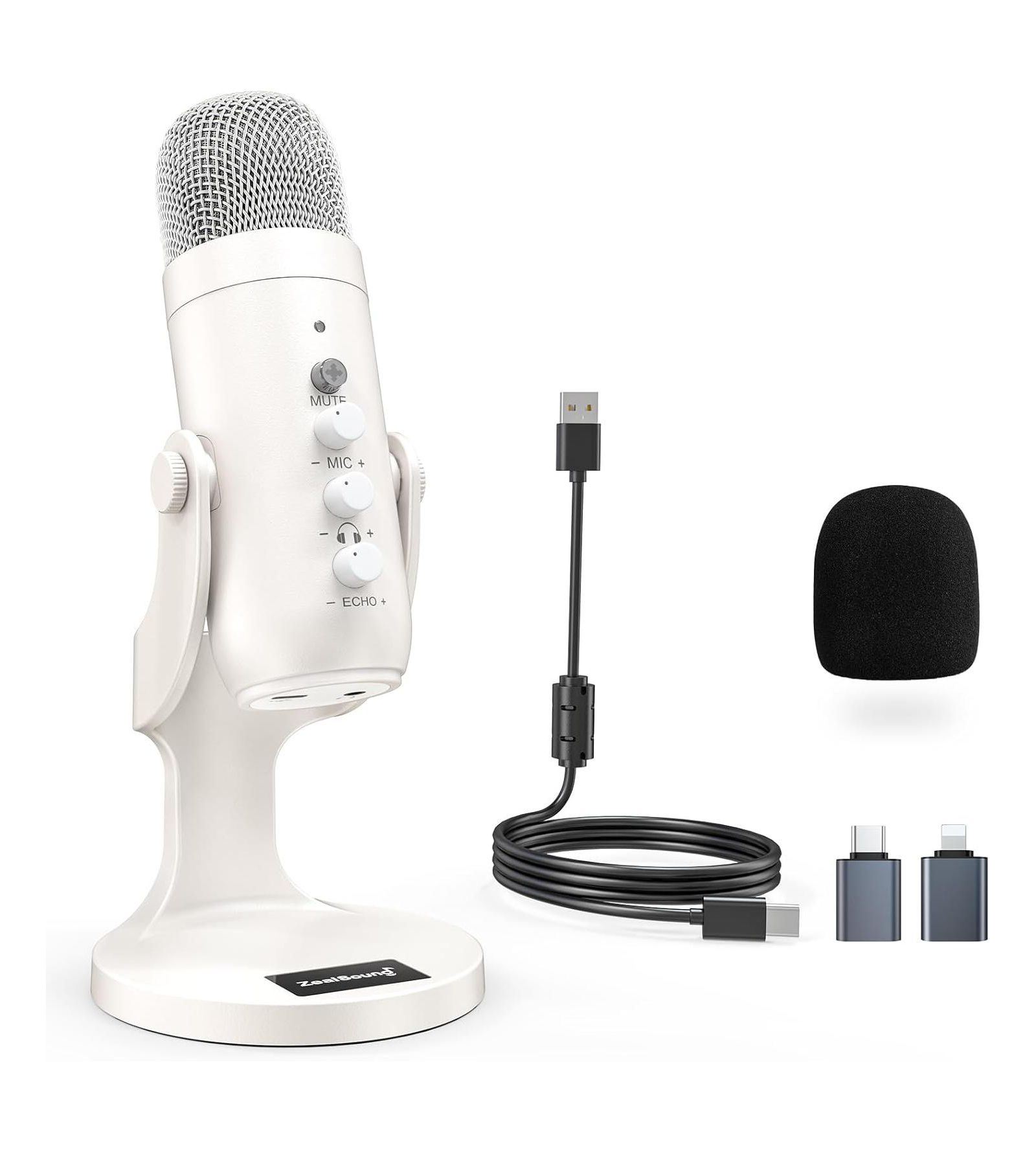 ZealSound USB микрофон с функцией быстрого отключения звука и шумоподавлением для телефона, PC, PS5, с управлением усилением, мониторингом эха и регулировкой громкости для ASMR, стриминга