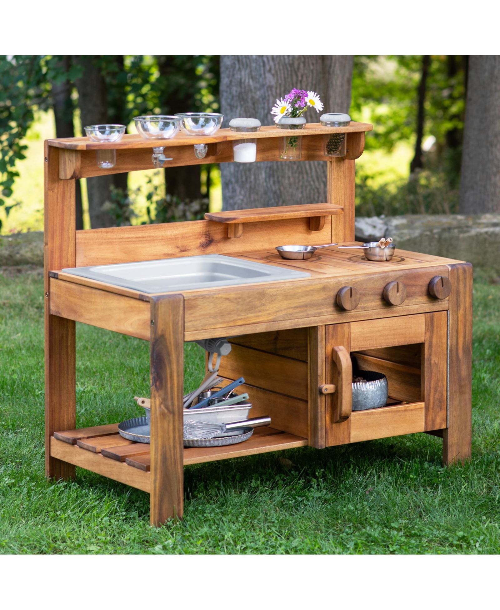 Guidecraft Acadia Детский Outdoor Mud Kitchen Playset - Pretend Play Kitchen with Sink, Stove, and Accessories | Wooden Backyard Playset
