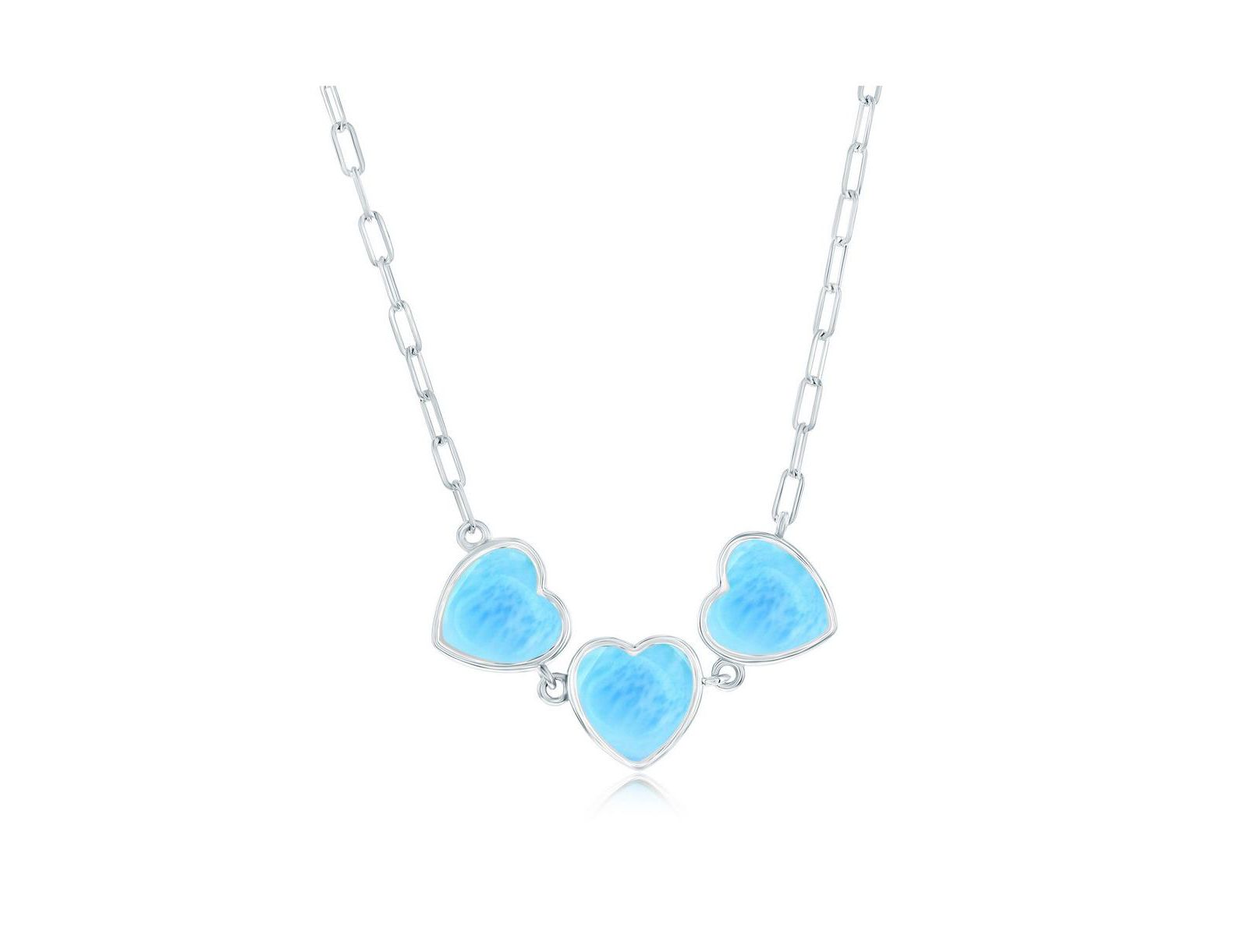 Sterling , Triple Larimar Heart Paperclip Necklace