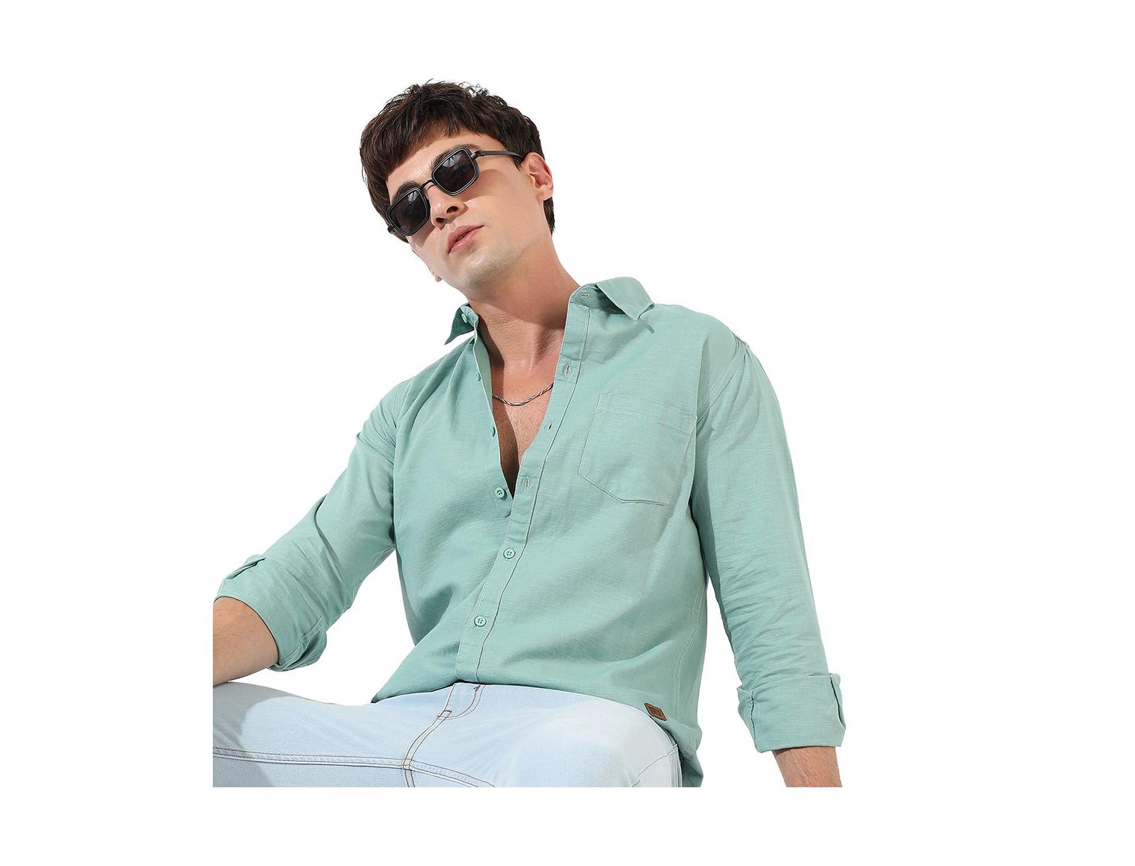 Campus Sutra Men's Solid Aqua Green Regular Fit Casual Shirt