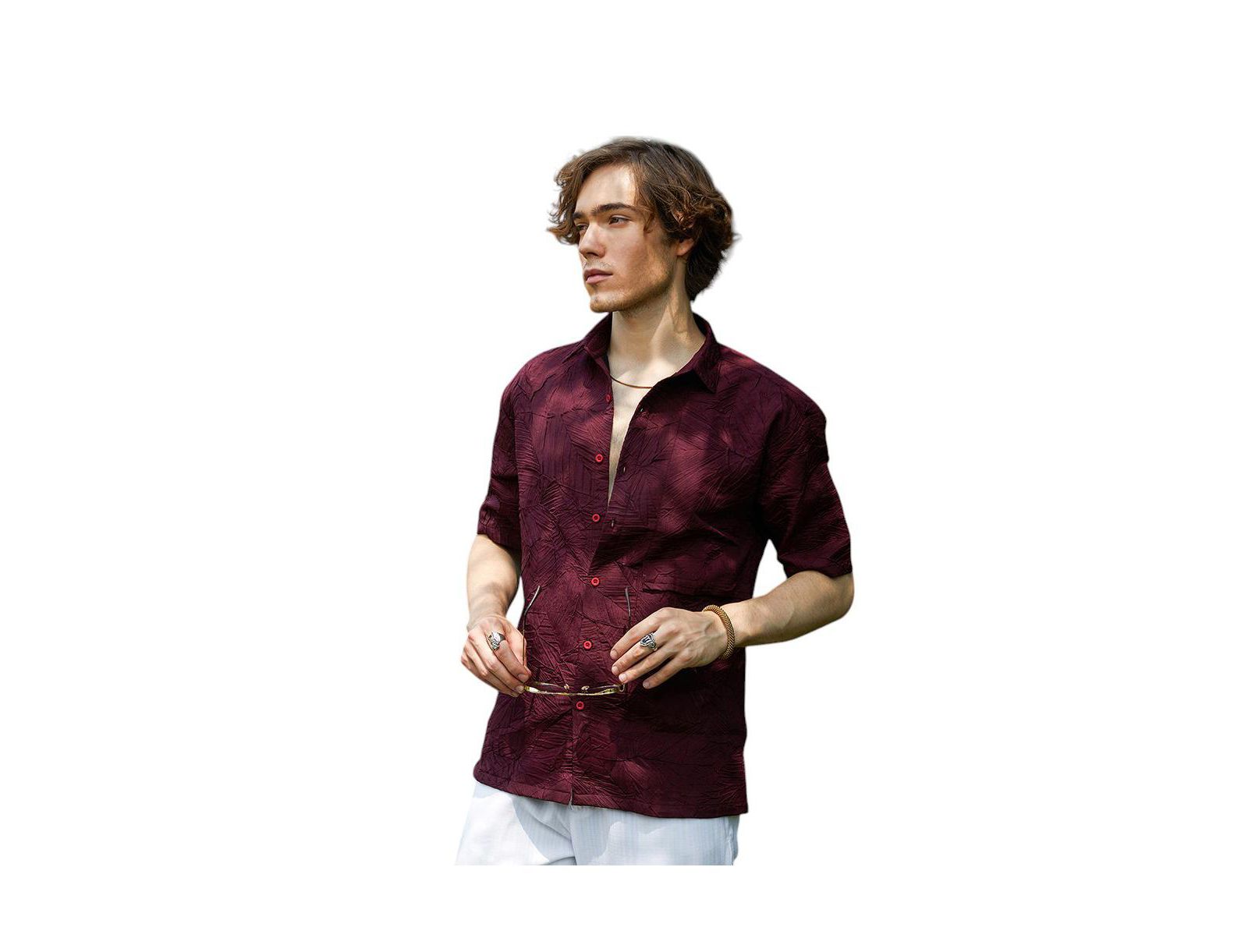 Campus Sutra Men's Wine Red Foliage-Tactile Shirt