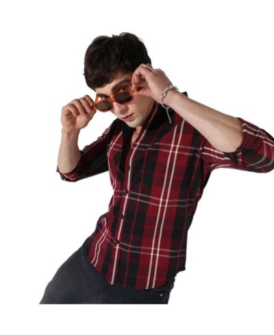 Campus Sutra Men's Plaid Red Cotton Shirt