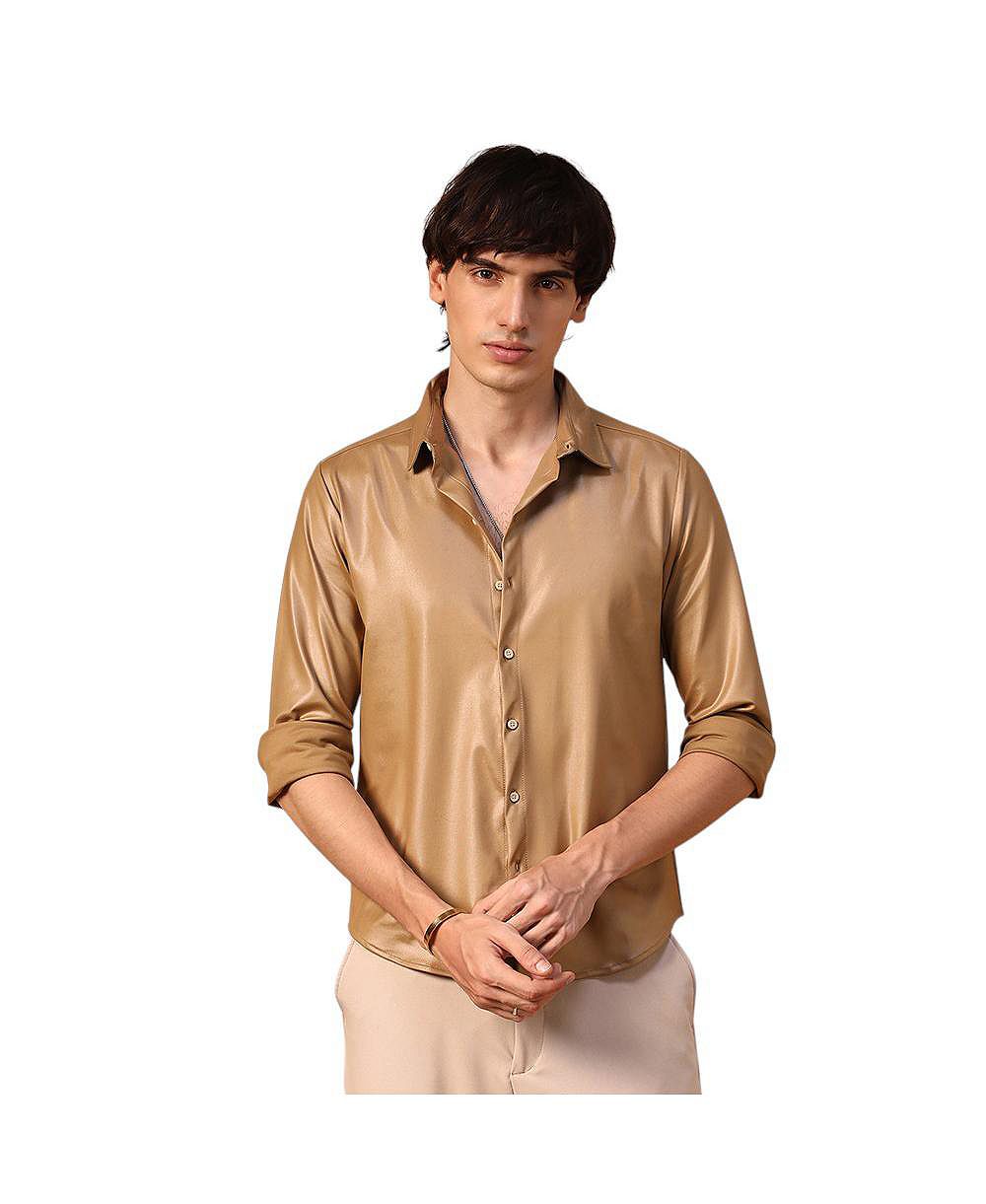 Campus Sutra Men's Camel Brown Solid Suede Shirt