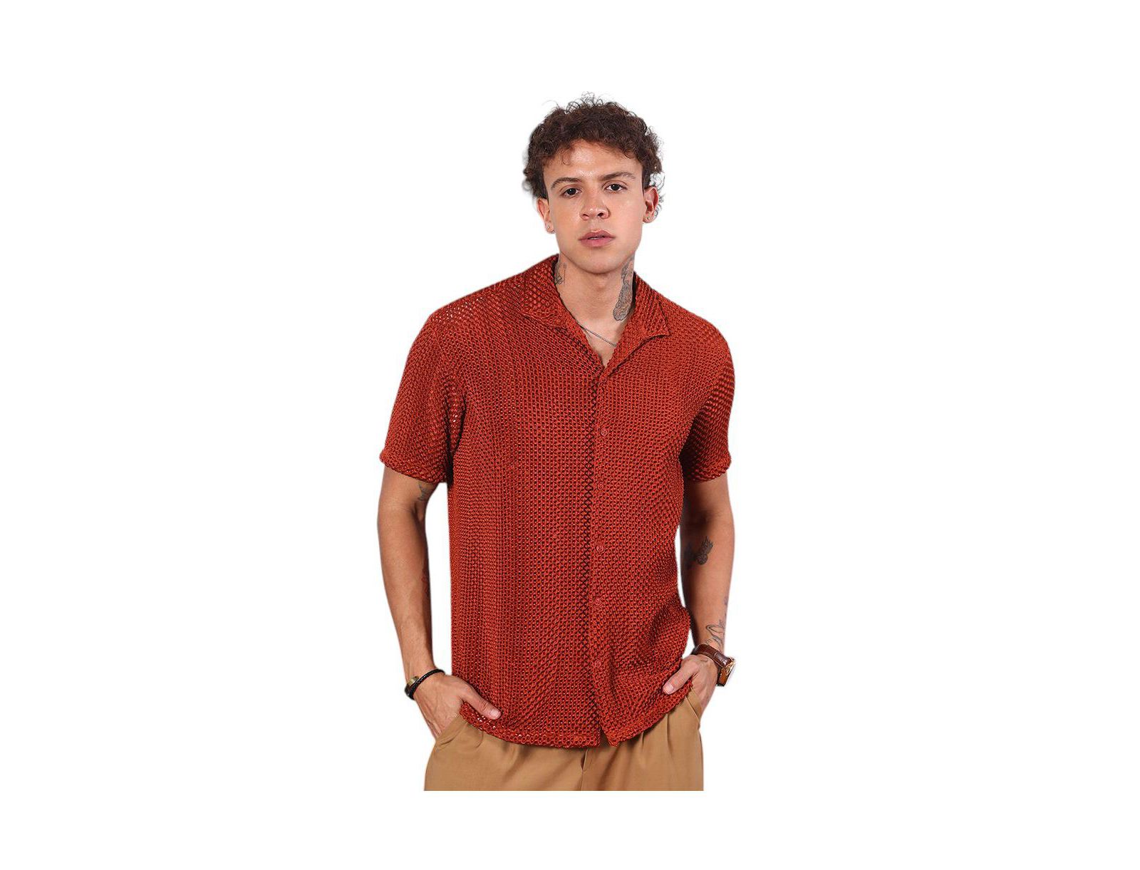 Campus Sutra Men's Terracotta Brown Puffy-Textured Shirt