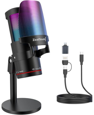 Игровой USB микрофон ZealSound Noise-Canceling Condenser с RGB, Touch Mute, Gain, Monitoring