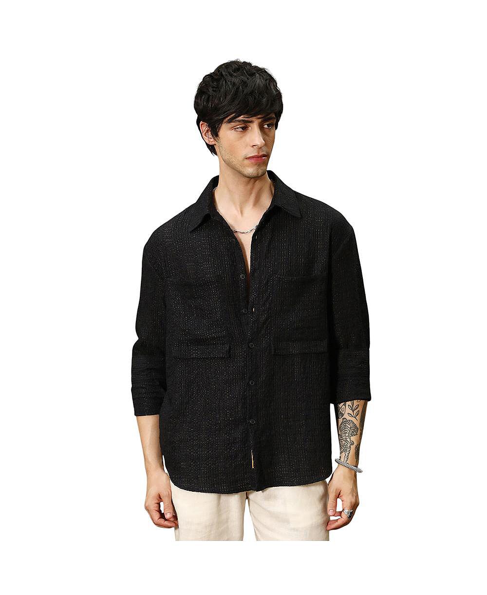 Campus Sutra Мужская рубашка оверсайз Midnight Black Straw-Tactile Utility