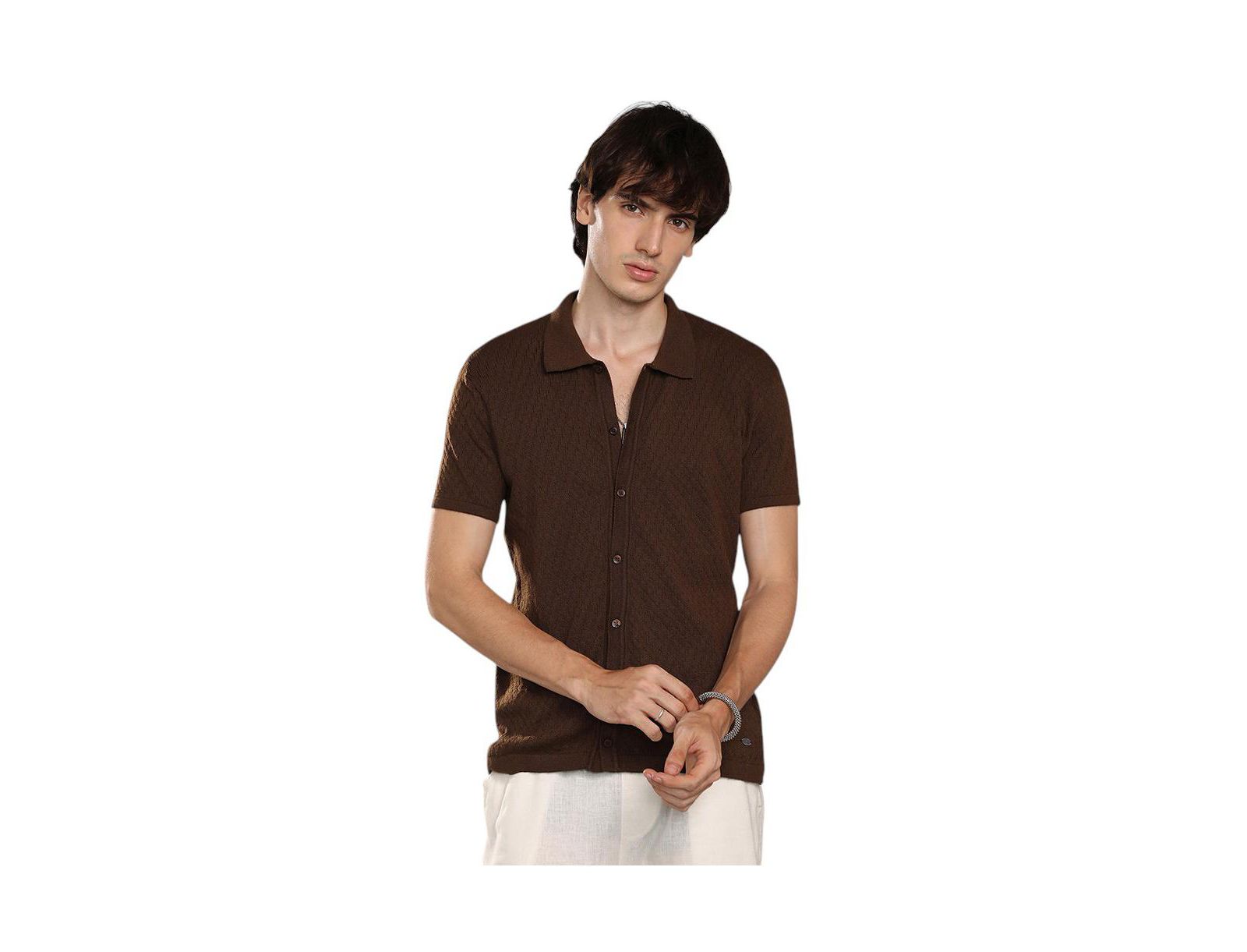 Campus Sutra Men's Taupe Brown Rhombus-Textured Knit Shirt
