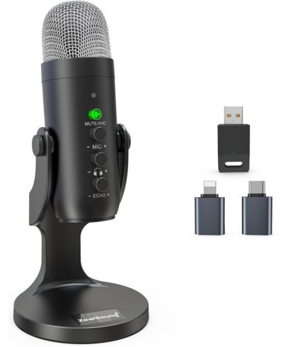 Беспроводной USB микрофон ZealSound для iPhone, PC, iPad, Android, Condenser Mic с Mute, Echo Monitor, Volume Gain для Podcast, ASMR, Gaming