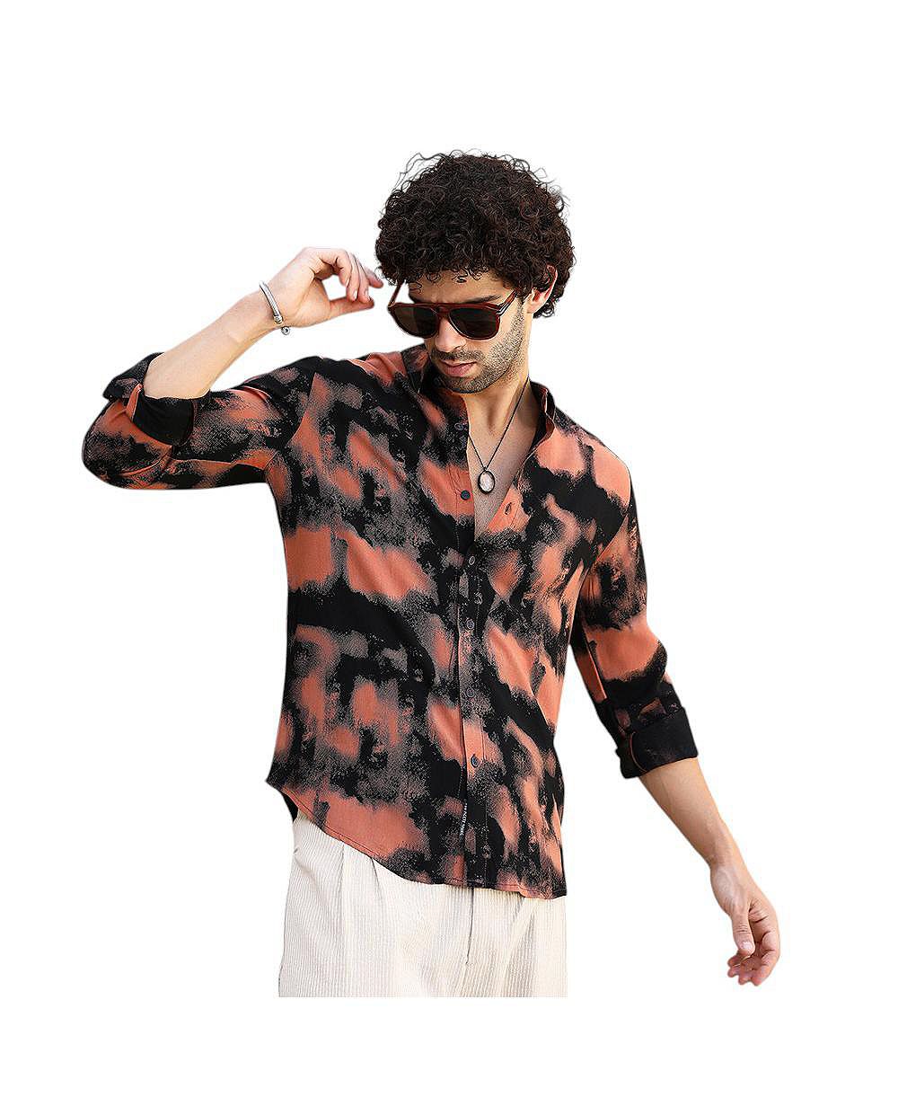 Мужская рубашка Campus Sutra Obsidian Black & Sienna Brown Smudged-Block Regular
