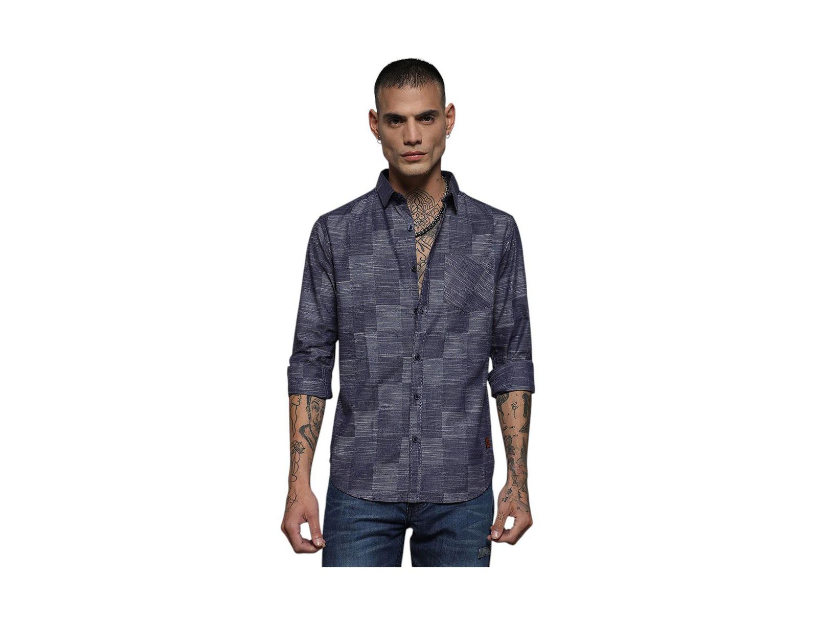 Campus Sutra Men's Steel Blue Heathered Denim Check Shirt