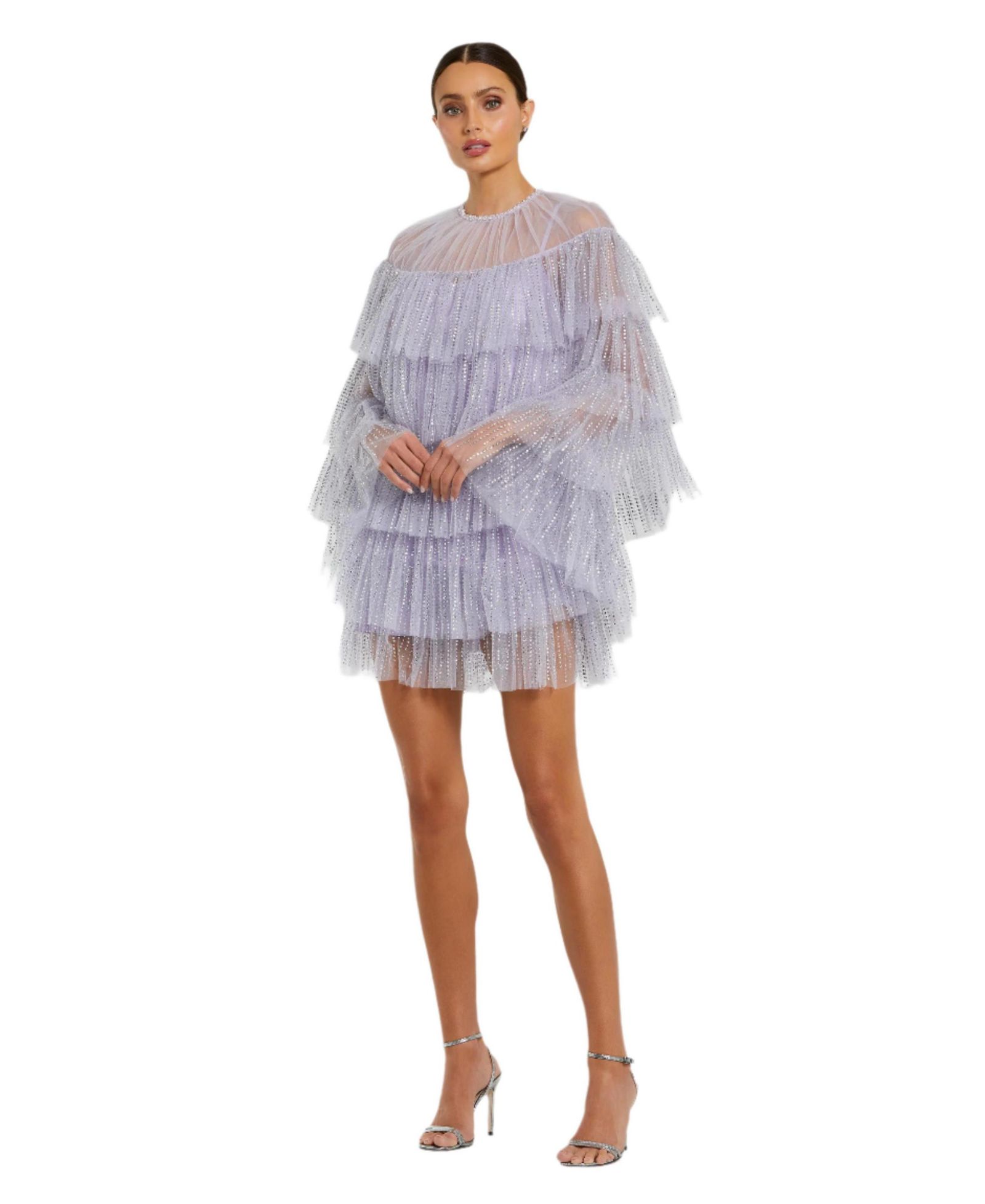 Женское платье Mac Duggal с высоким воротником, ярусами, рюшами и жемчугом
