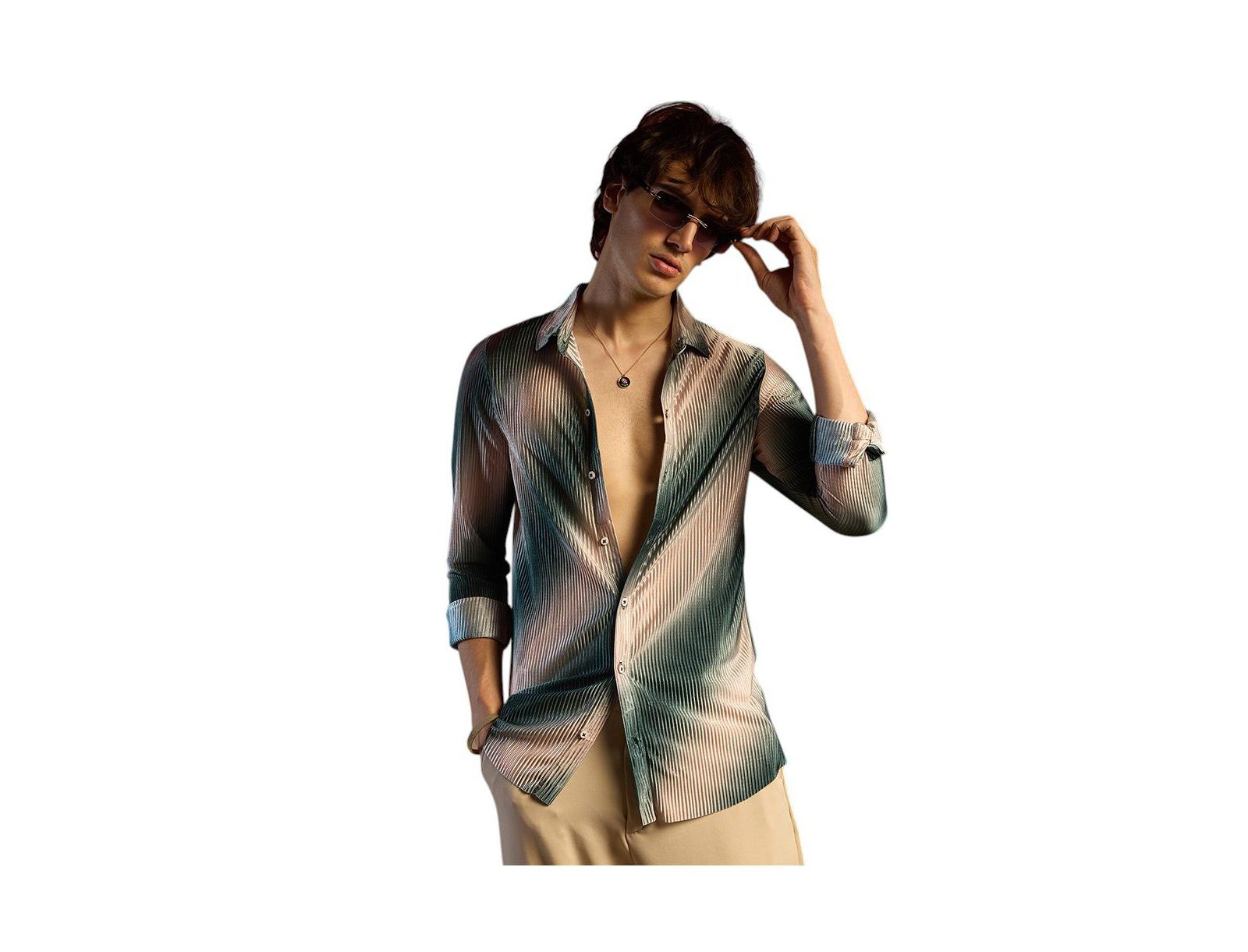 Campus Sutra Men's Emerald Green & Ivory White Ombre-Pleated Shirt