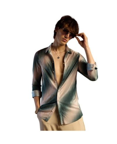 Campus Sutra Men's Emerald Green & Ivory White Ombre-Pleated Shirt