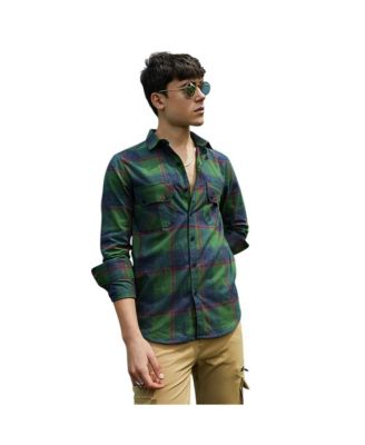 Campus Sutra Men's Forest Green & Indigo Blue Buffalo Check Utility Shirt