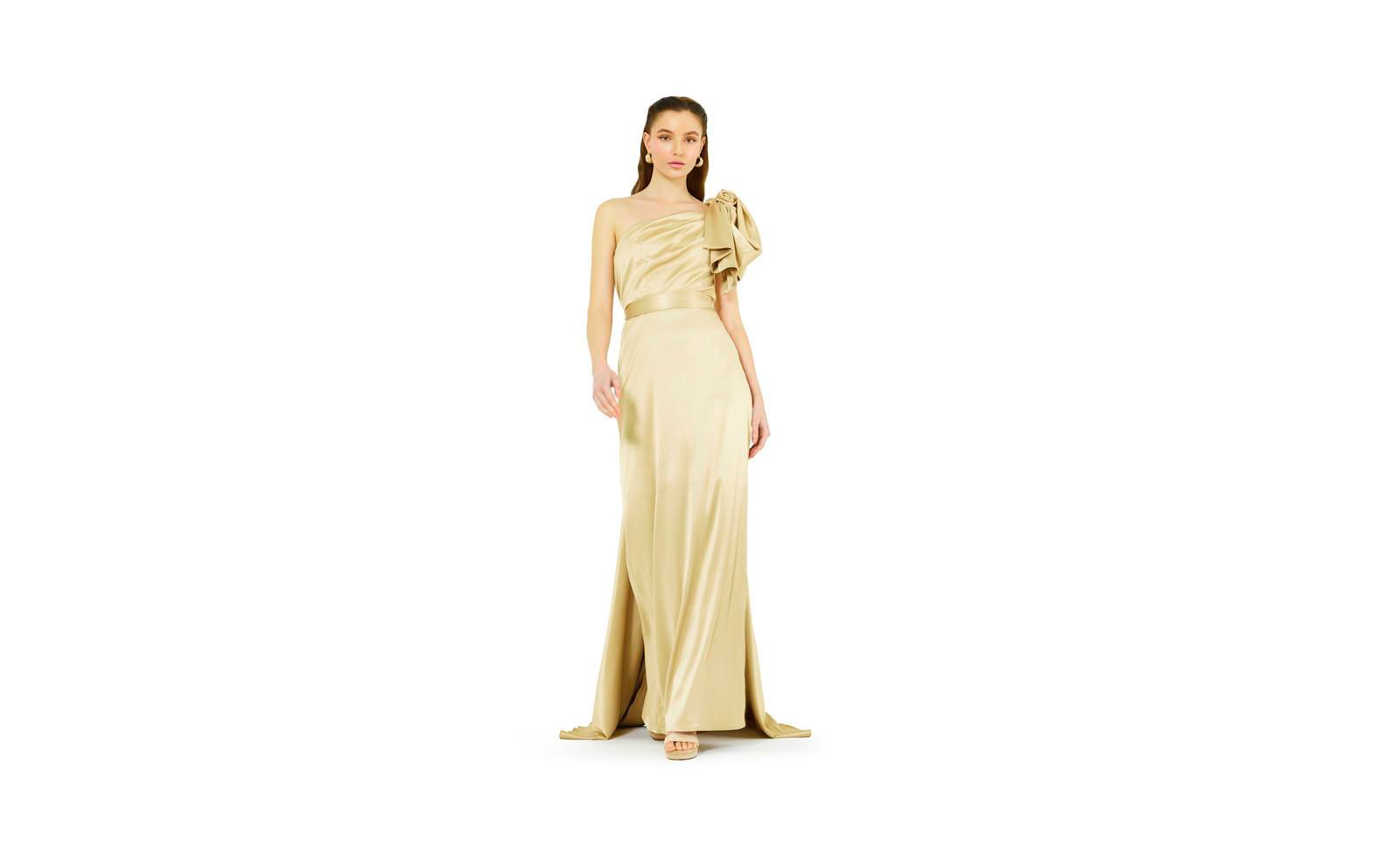 AMRI Women's One Shoulder Draped Sleeve Gown