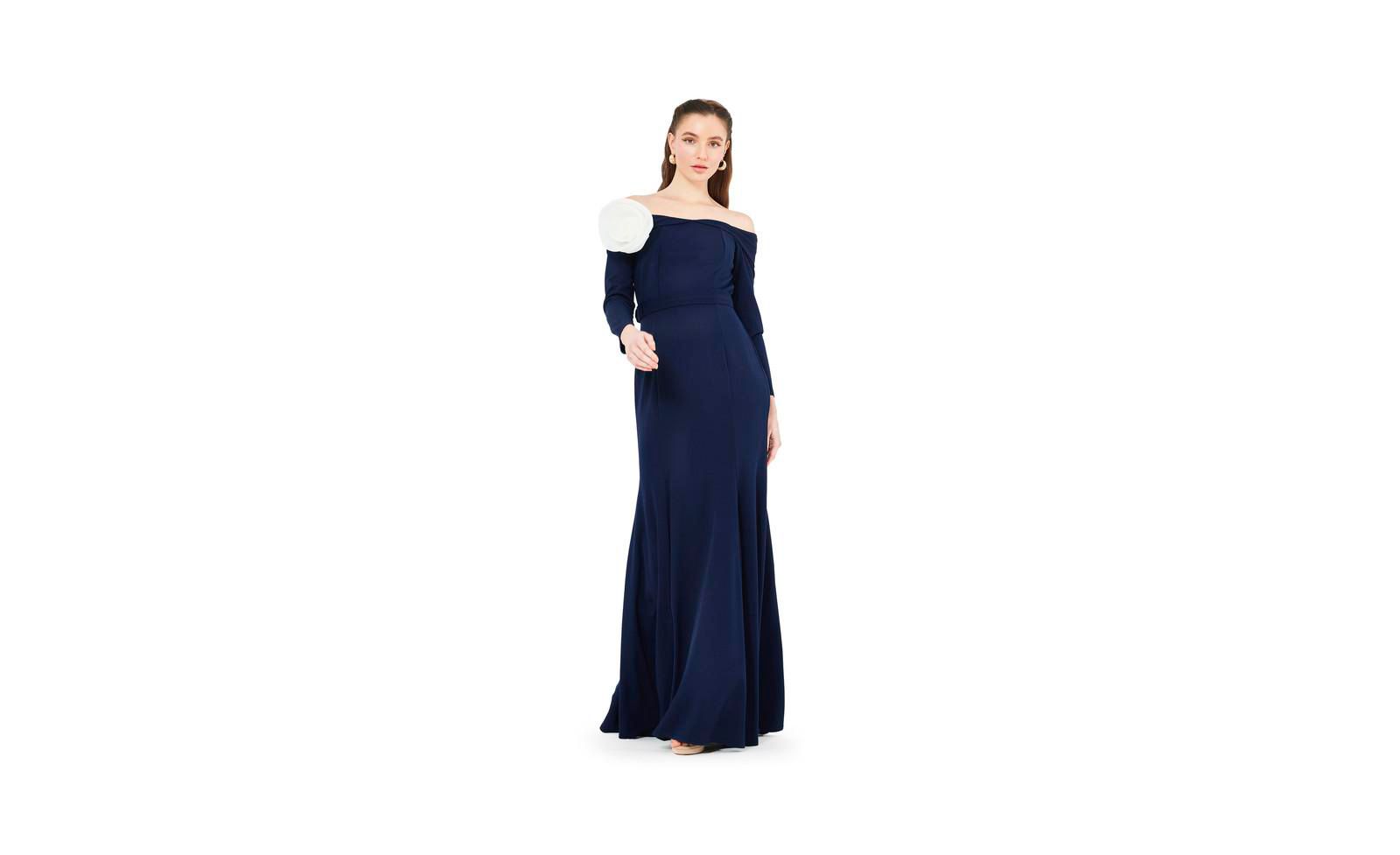 AMRI Off-The-Shoulder Long Sleeved Crepe Gown