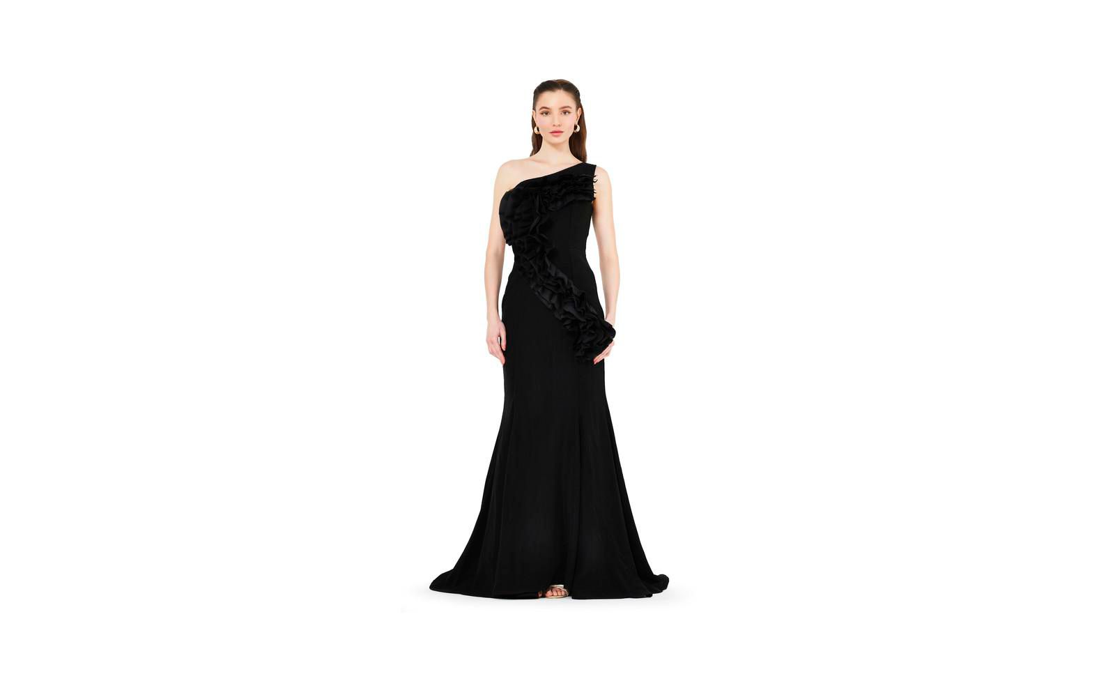 AMRI Women's Organza Ruffle Detail Mermaid Crepe Gown
