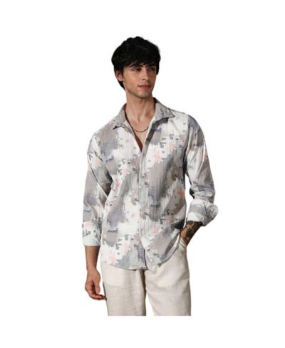 Campus Sutra Men's Moon Grey & Chalk White Artistic-Blur Shirt