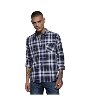 Campus Sutra Men's Navy Blue Tartan Plaid Shirt