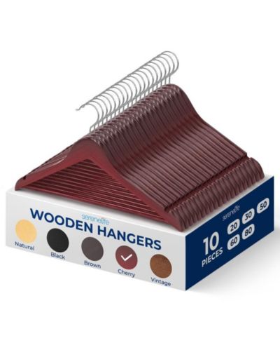 SereneLife 10 Pcs. Wooden Hangers - Non-Slip, Sturdy, and Heavy Duty Suit Hanger Set with Chrome 360° Swivel Hook (Cherry