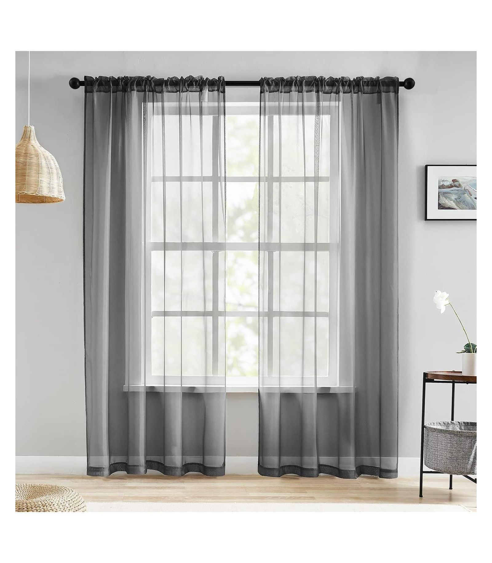 Kate Aurora Hotel Lux 2 Piece Charcoal Gray Rod Pocket Sheer Curtain Panels