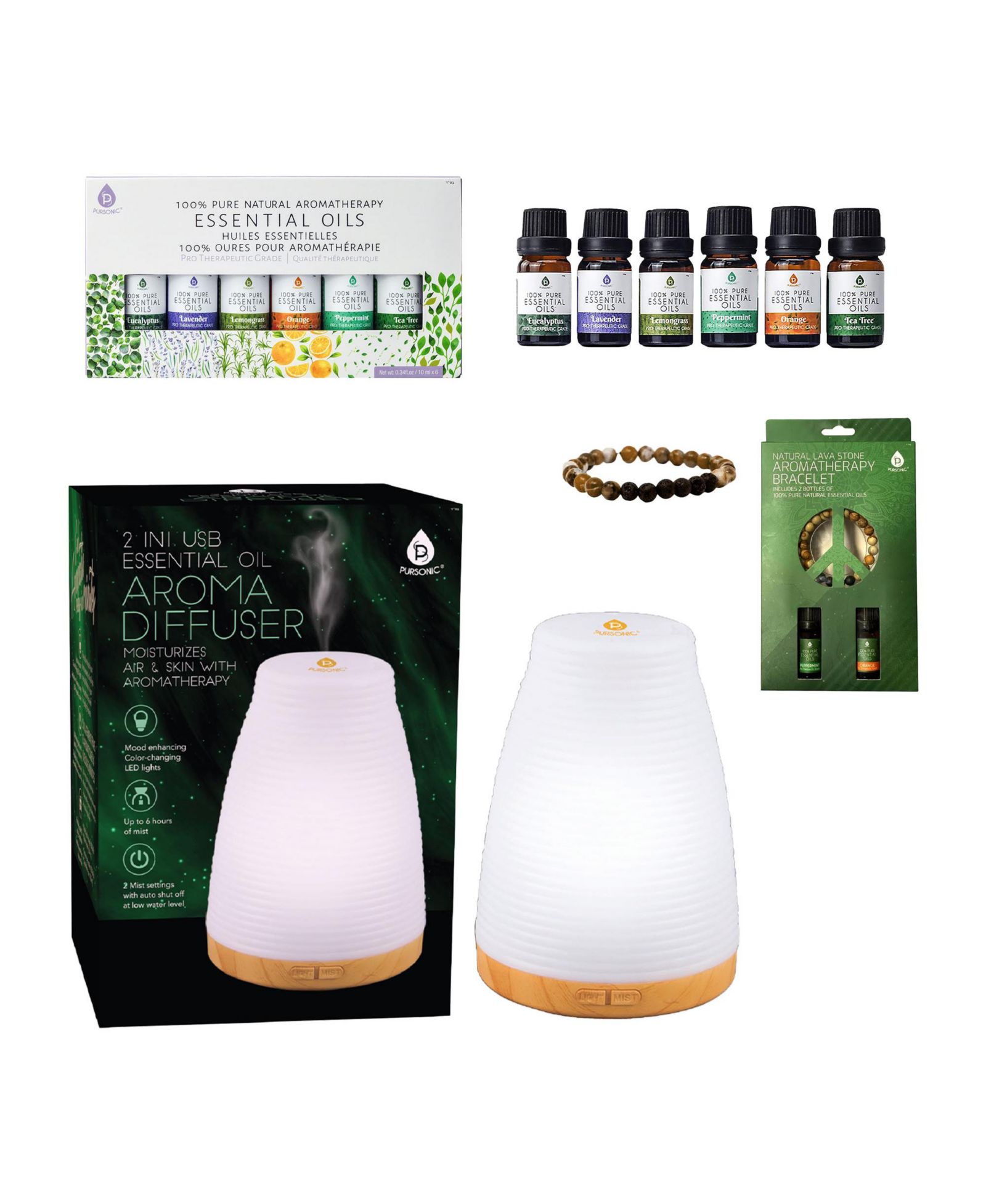 Набор для велнеса Pursonic Essential Oils – включает браслет из лавового камня, диффузор 2-в-1 USB и набор из 6 чистых эфирных масел для ароматерапии