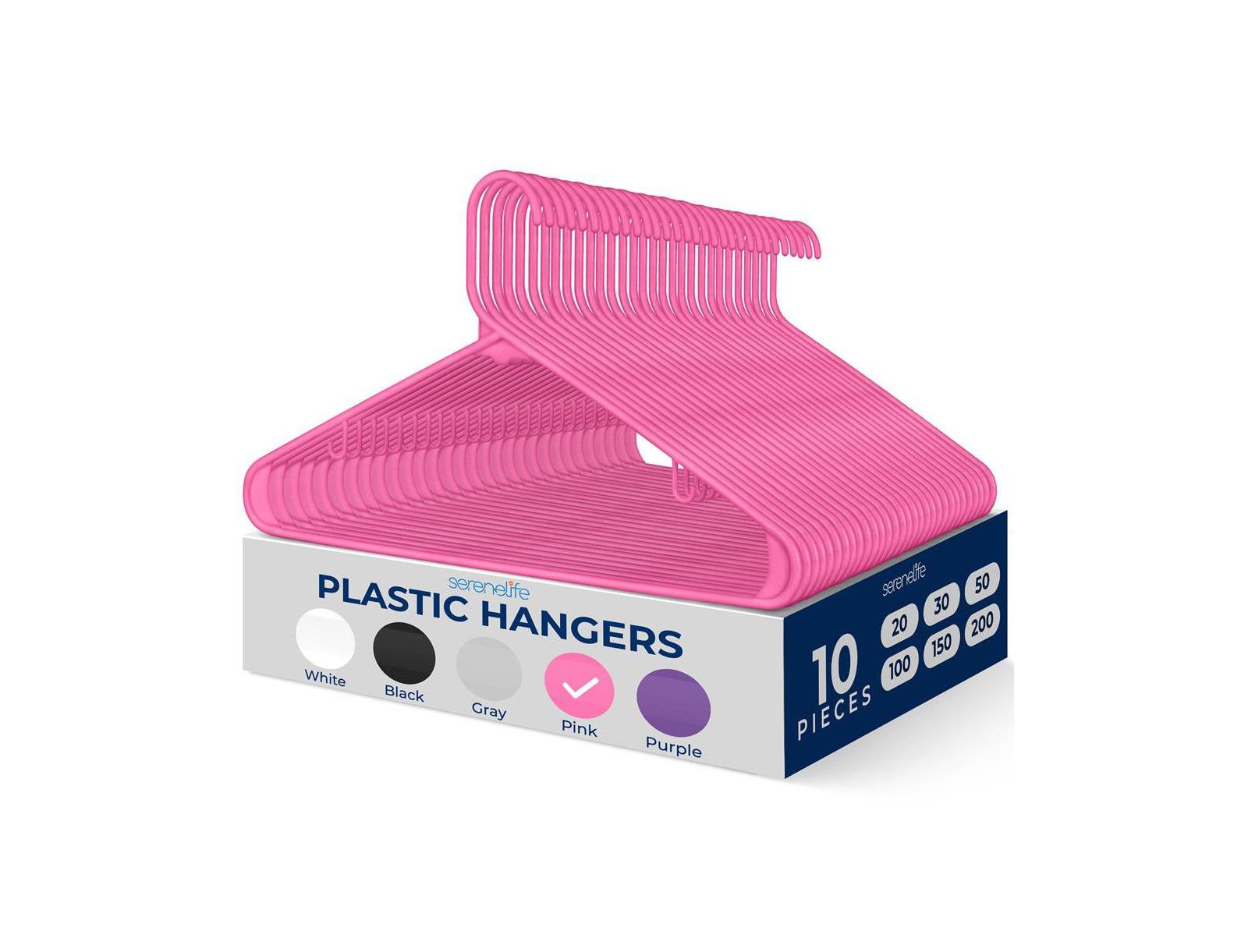 SereneLife 10 Pcs. Plastic Hangers - Non-Slip, Sturdy, and Heavy Duty Coat Set with 360° Swivel Hook for Clothes (Pink