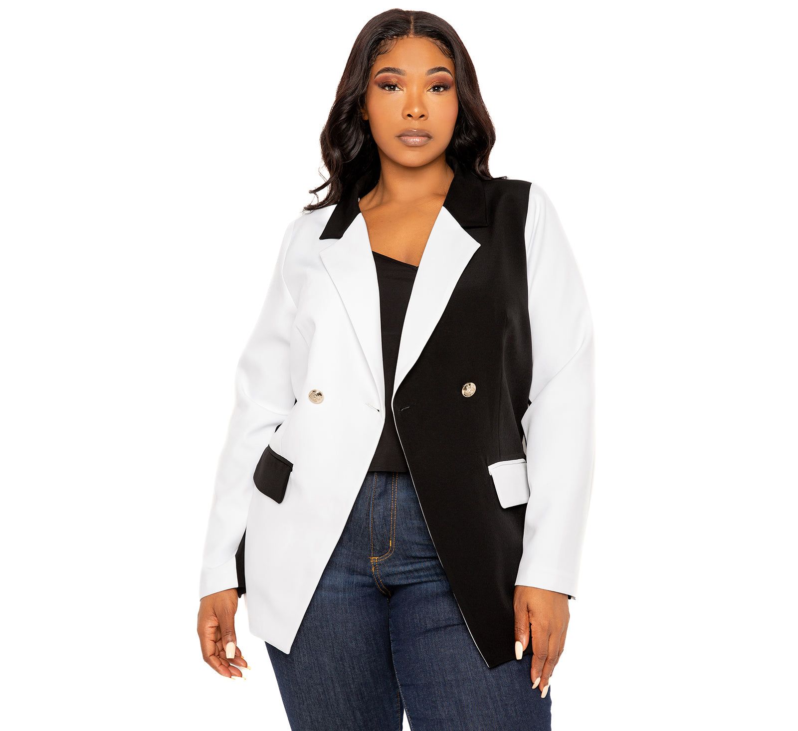 Buxom Couture Plus Size Contrast Double Breasted Blazer