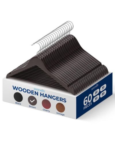 SereneLife 60 Pieces Wooden Hangers - Non-Slip, Sturdy, and Heavy Duty Suit Hanger Set with Chrome 360° Swivel Hook (Brown)