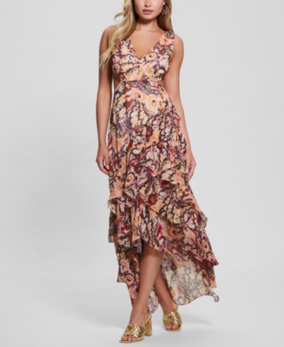 GUESS Women's Ruffled High-Low Chiffon Maxi Dress